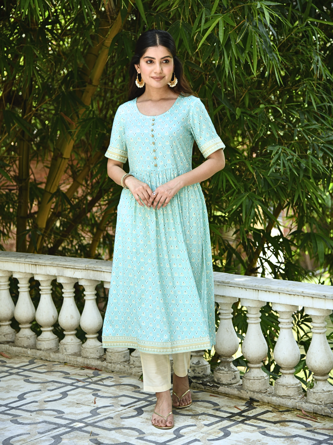 Sea Green Floral Print Kurta with Embroidery Border