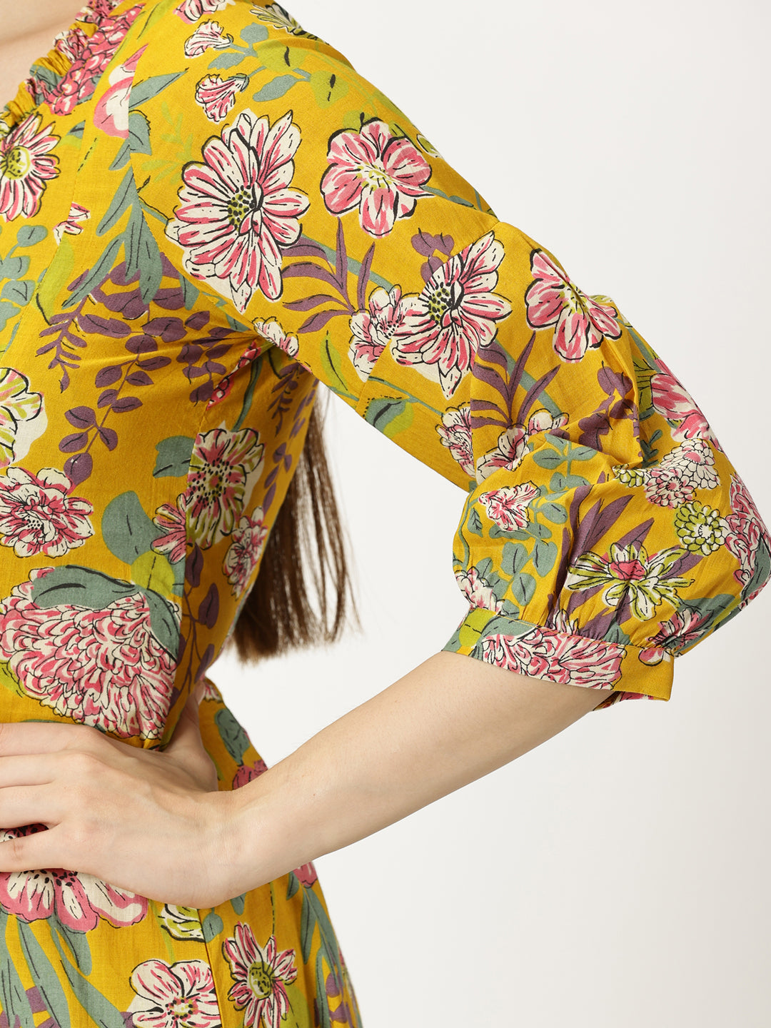 Mustard Tropical Print Boho Cotton Dress