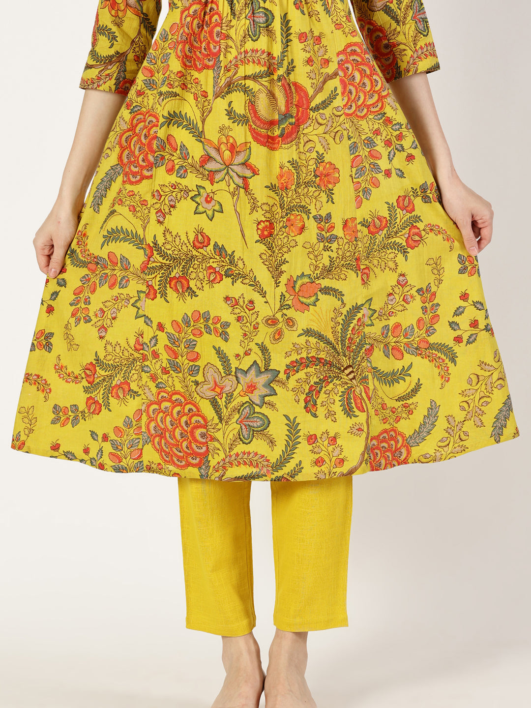 Mustard Floral Print Kurta with Neck Embroidery