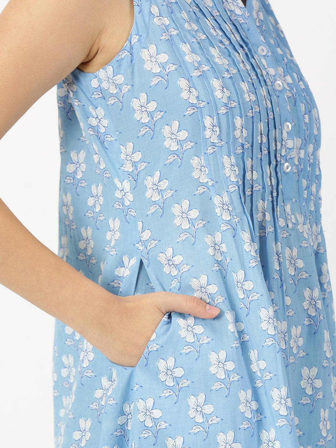 Blue Floral Print Midi Dress with Pintuck Detail