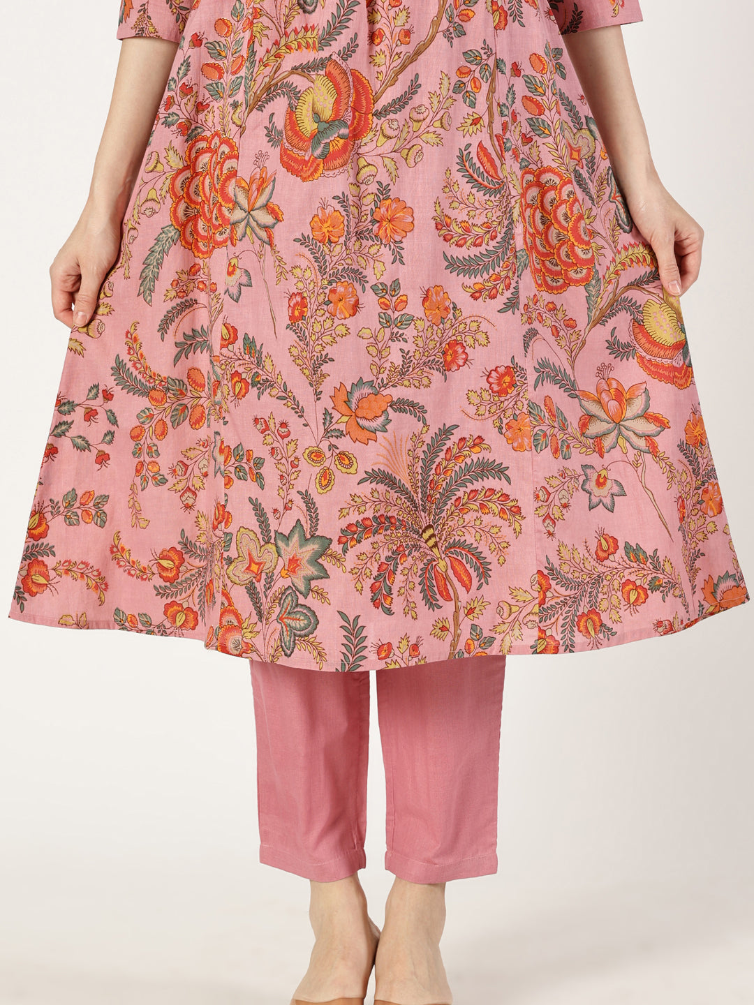 Pink Floral Print Kurta with Neck Embroidery