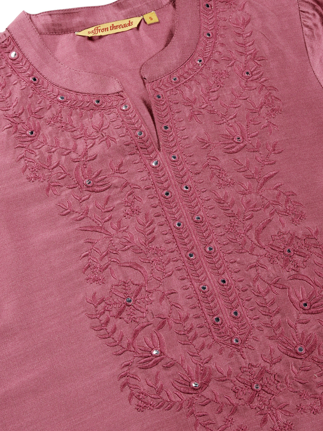 Pink Art Silk Embroidered  Neck Tunic with Mirror Accents