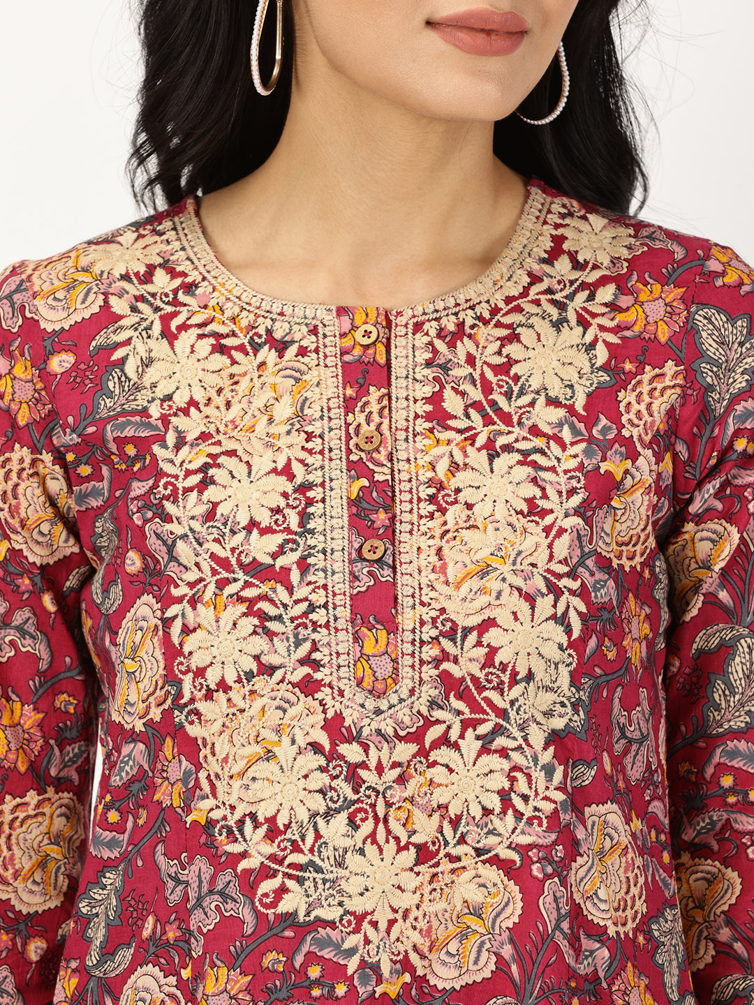 Wine Ethnic Floral Print Kurta with Yoke Embroidery