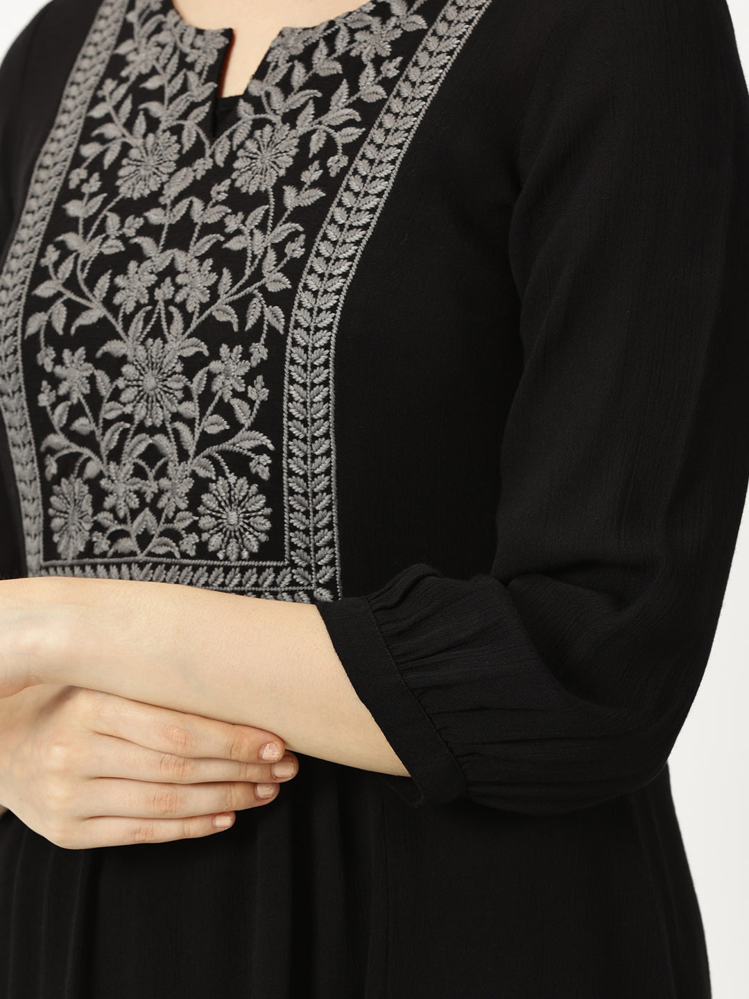 Black Floral Print Cotton Tunic with Lucknowi Chikankari Yoke