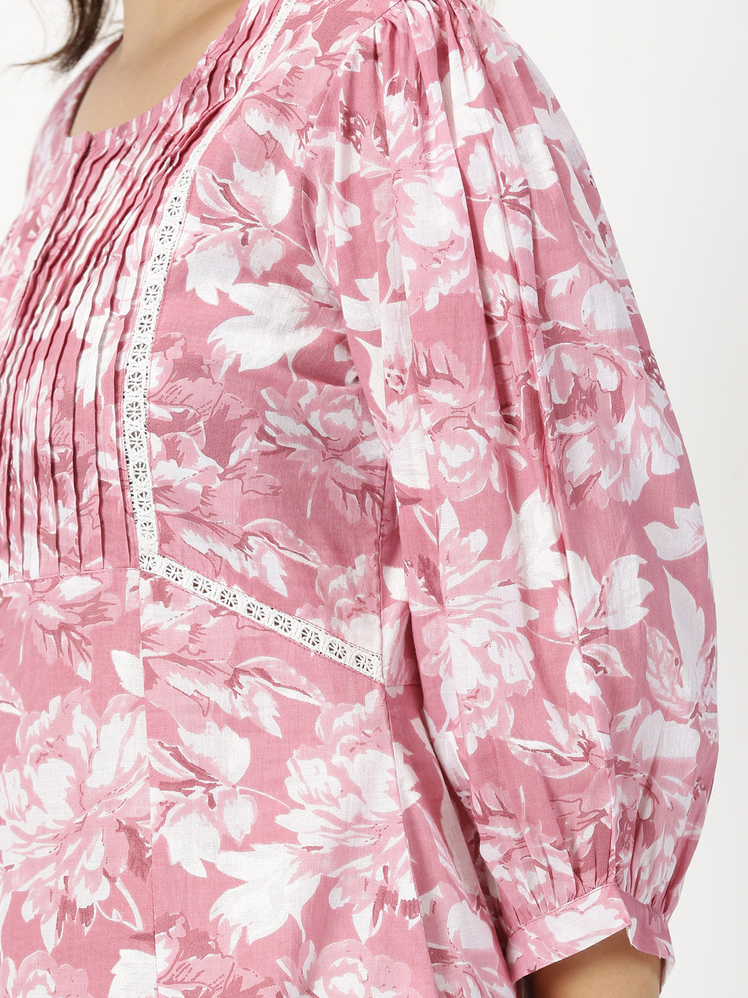 Pink Floral Print Midi Dress with Pintucks