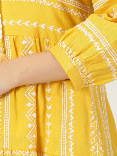 Yellow Embroidered Tiered Boho Midi Dress