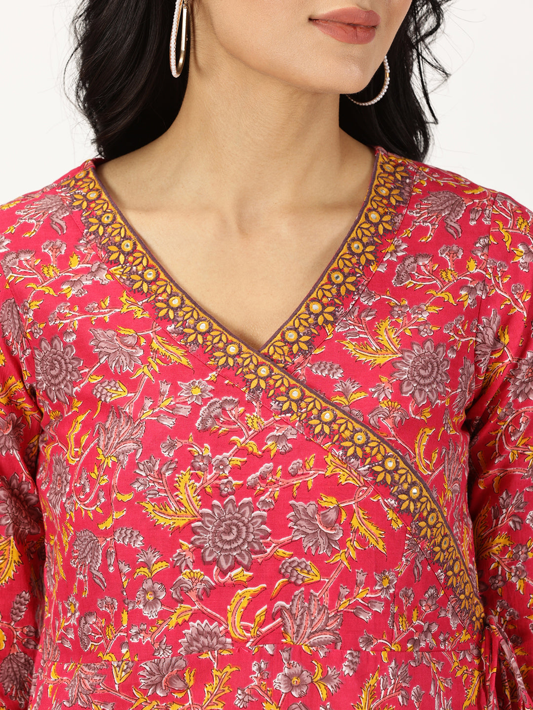 Pink Floral Print Angrakha Kurta with Neck Embroidery