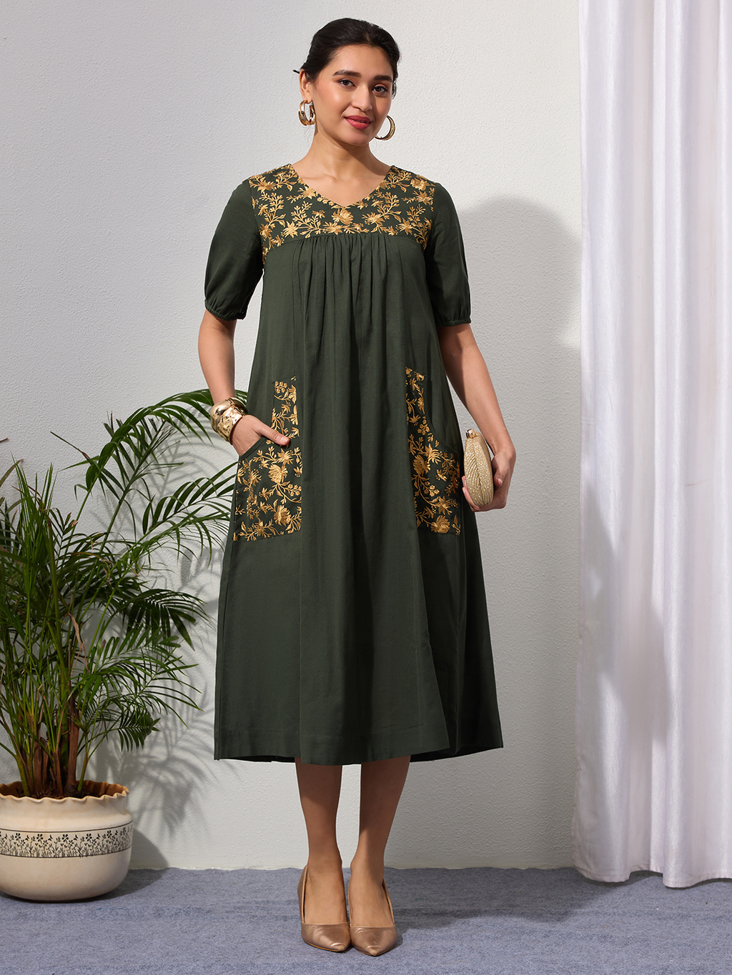 Forest Green Cotton Linen Dress A-Line with Parsi Gara Inspired Embroidery