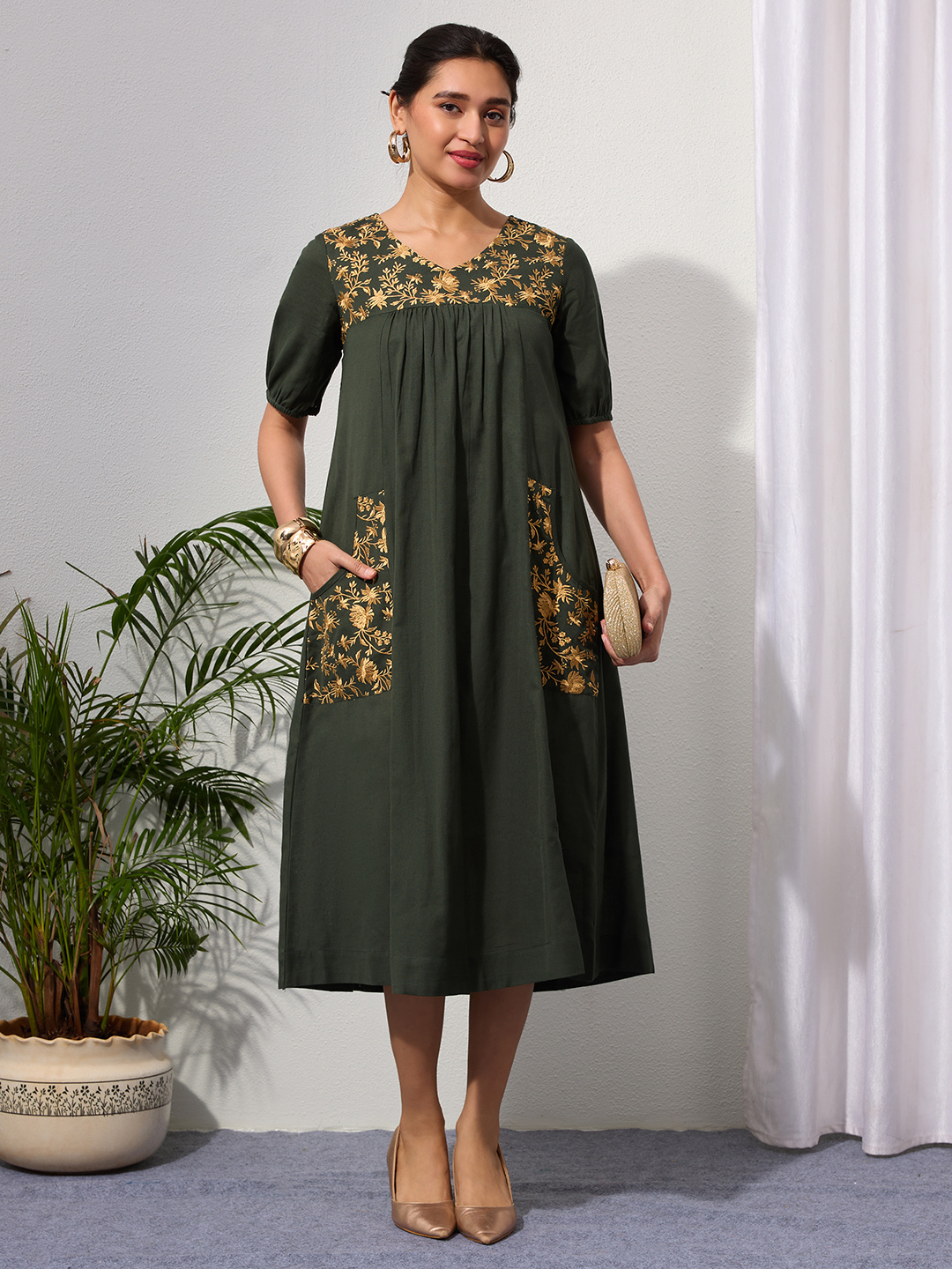 Forest Green Cotton Linen Dress A-Line with Parsi Gara Inspired Embroidery