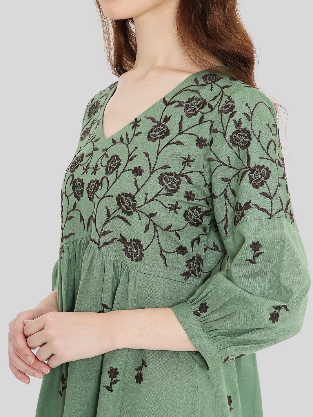 Green Boho Embroidered Cotton Midi Dress