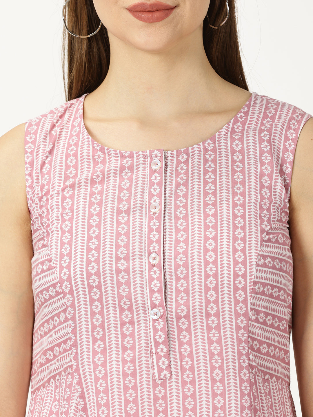 Pink Panelled Printed Cotton A-line Dress