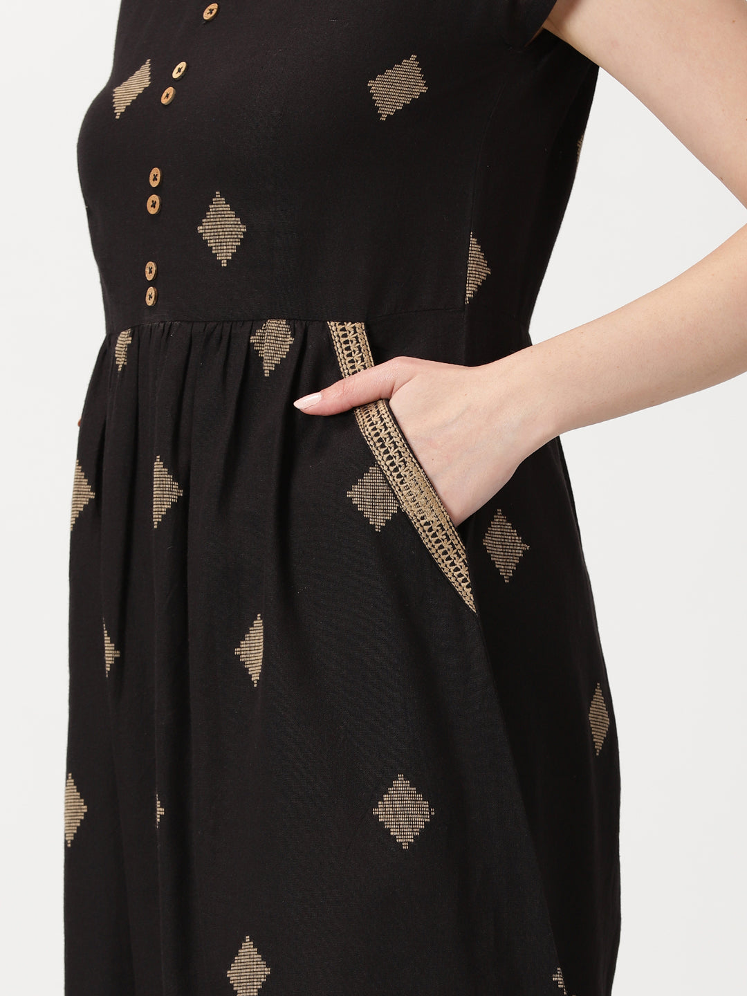Black Geometric Woven Design Midi Dress with Embroidered Pockets