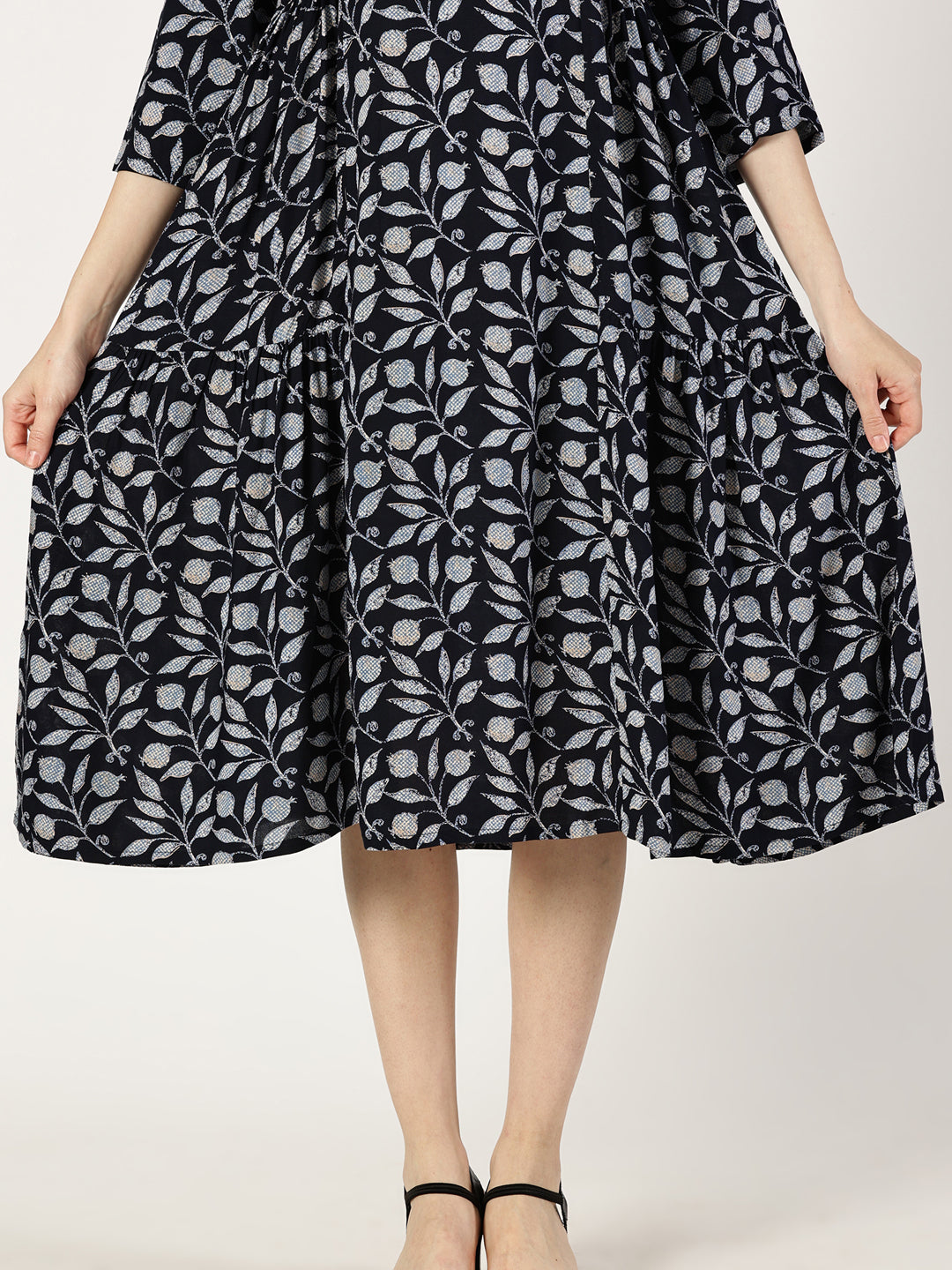 Navy Blue Tropical Print Rayon Dress with Side Gathers