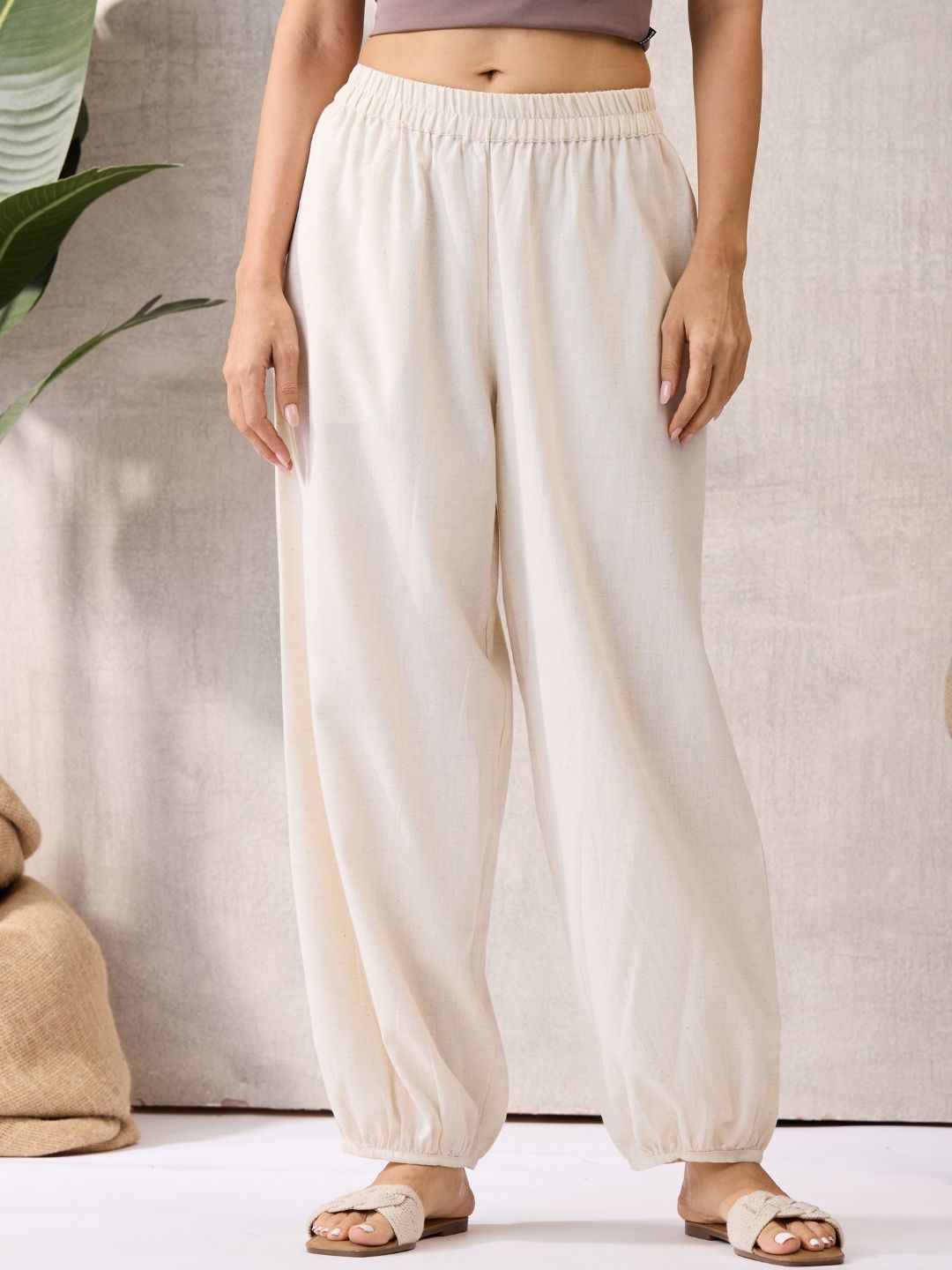 Off White Cotton Linen Piping Hem Palazzo with Pocket