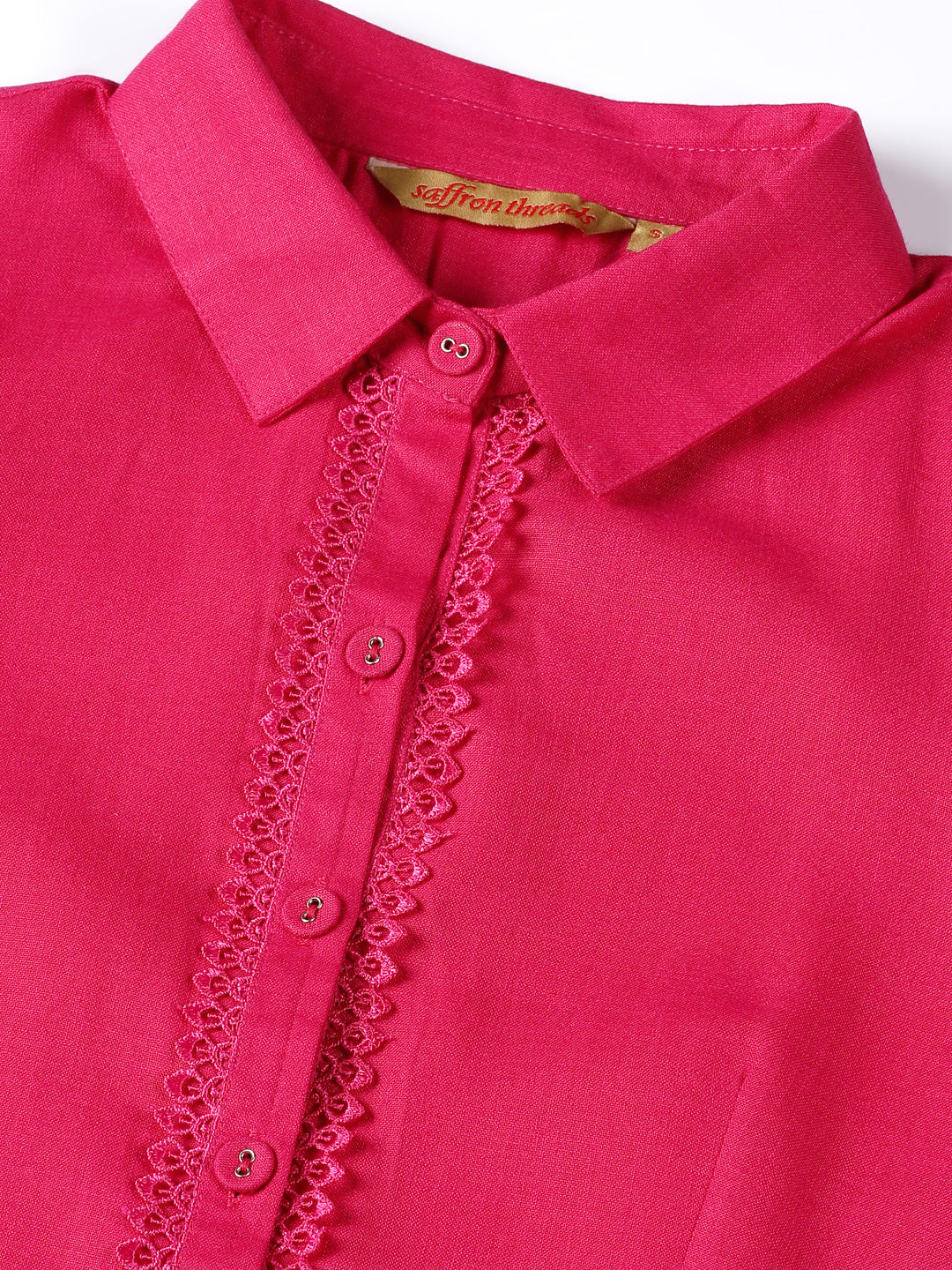 Fuchsia Lace Placket  Midi Shirt Dress