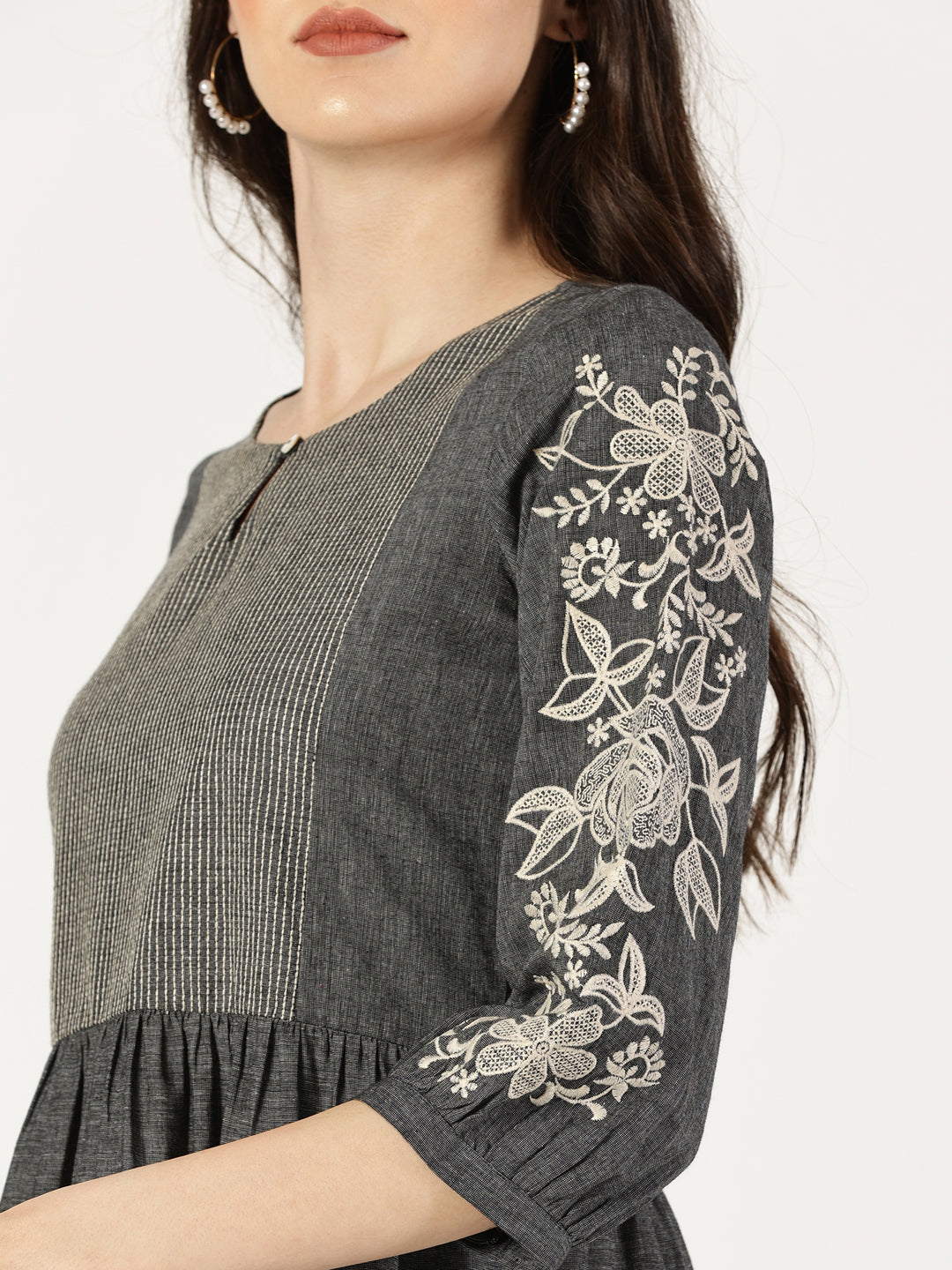 Grey Cotton Tiered Embroidered Dress