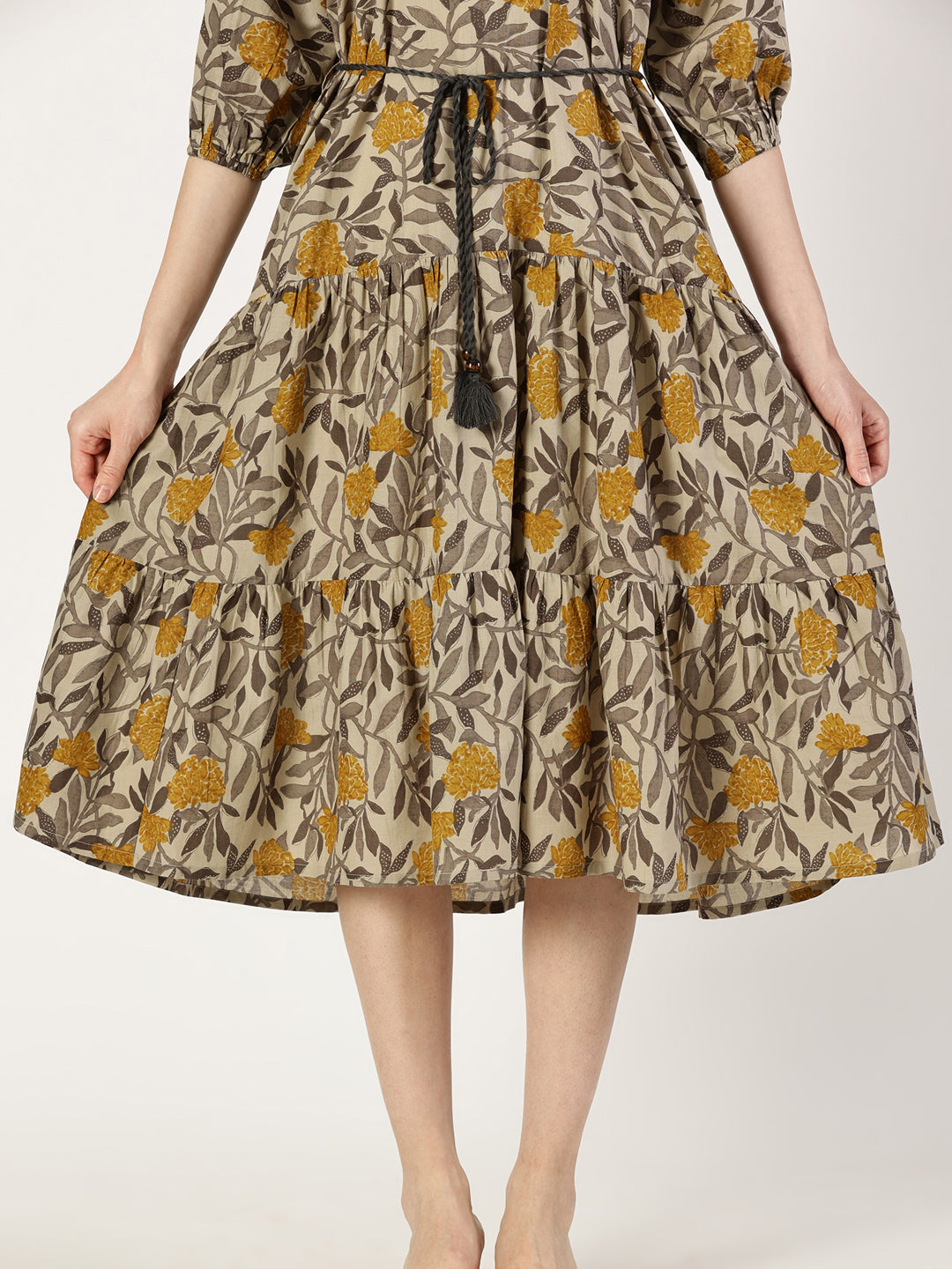 Mustard Tropical Print Cotton Dress with Waist Tie-up