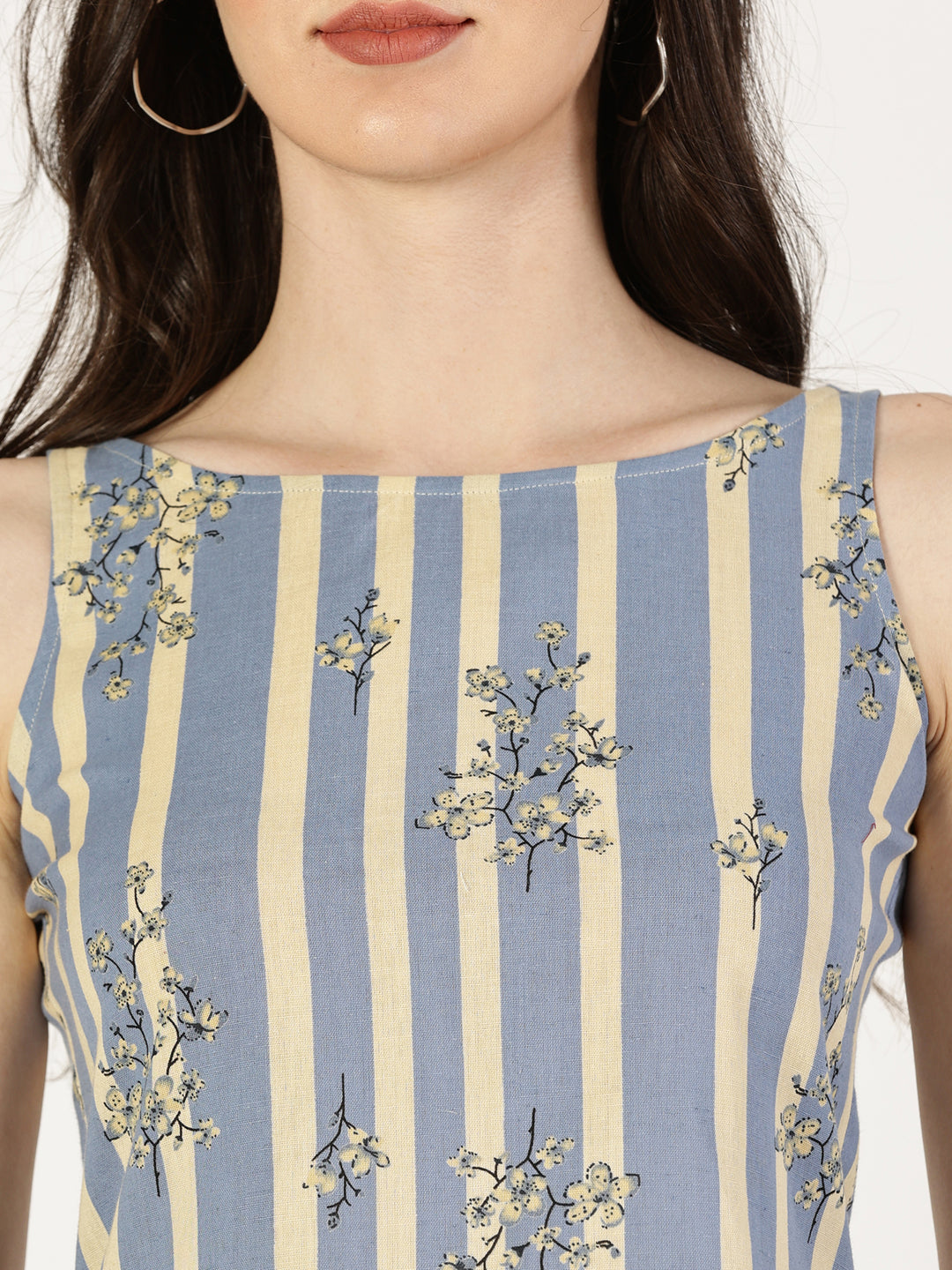 Blue Striped Top with Floral Print