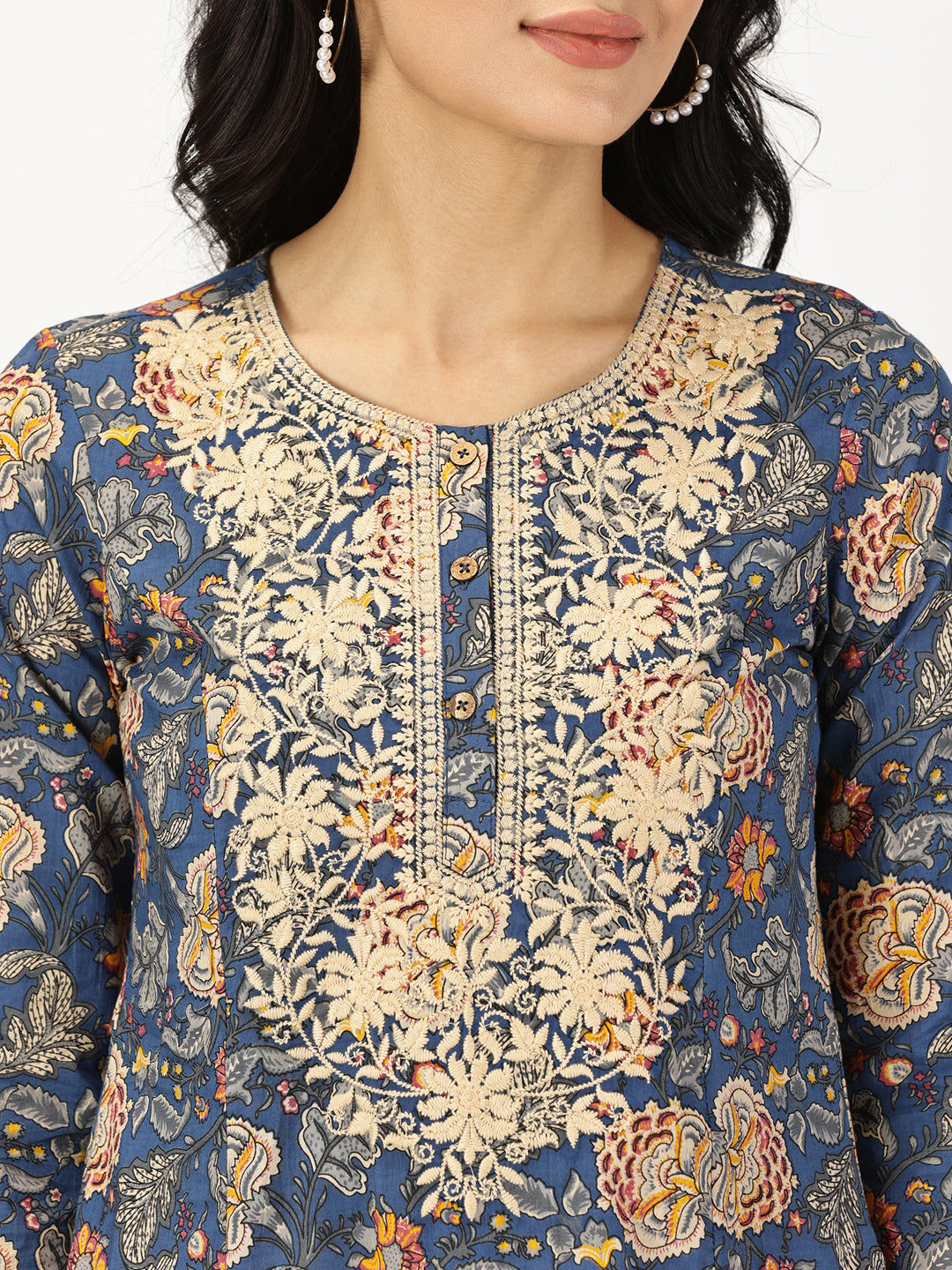 Blue Ethnic Floral Print Kurta with Yoke Embroidery