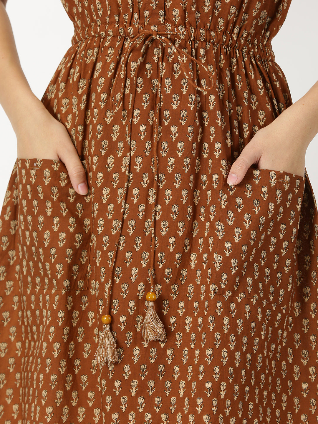 Brown Lotus Print Midi Dress with Waist Tie-up