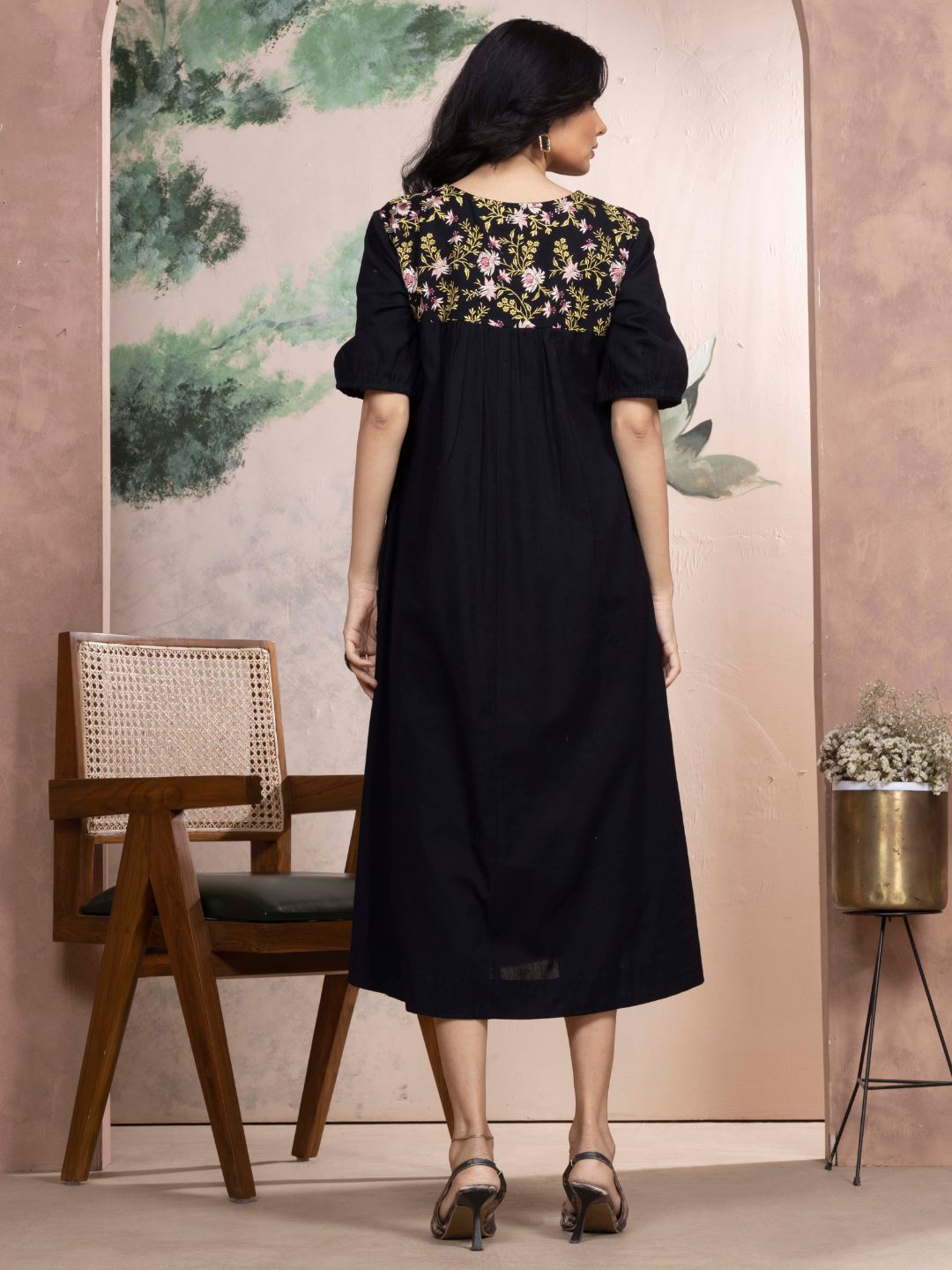 Midnight Black Cotton Linen Dress A-Line with Parsi Gara Inspired Embroidery