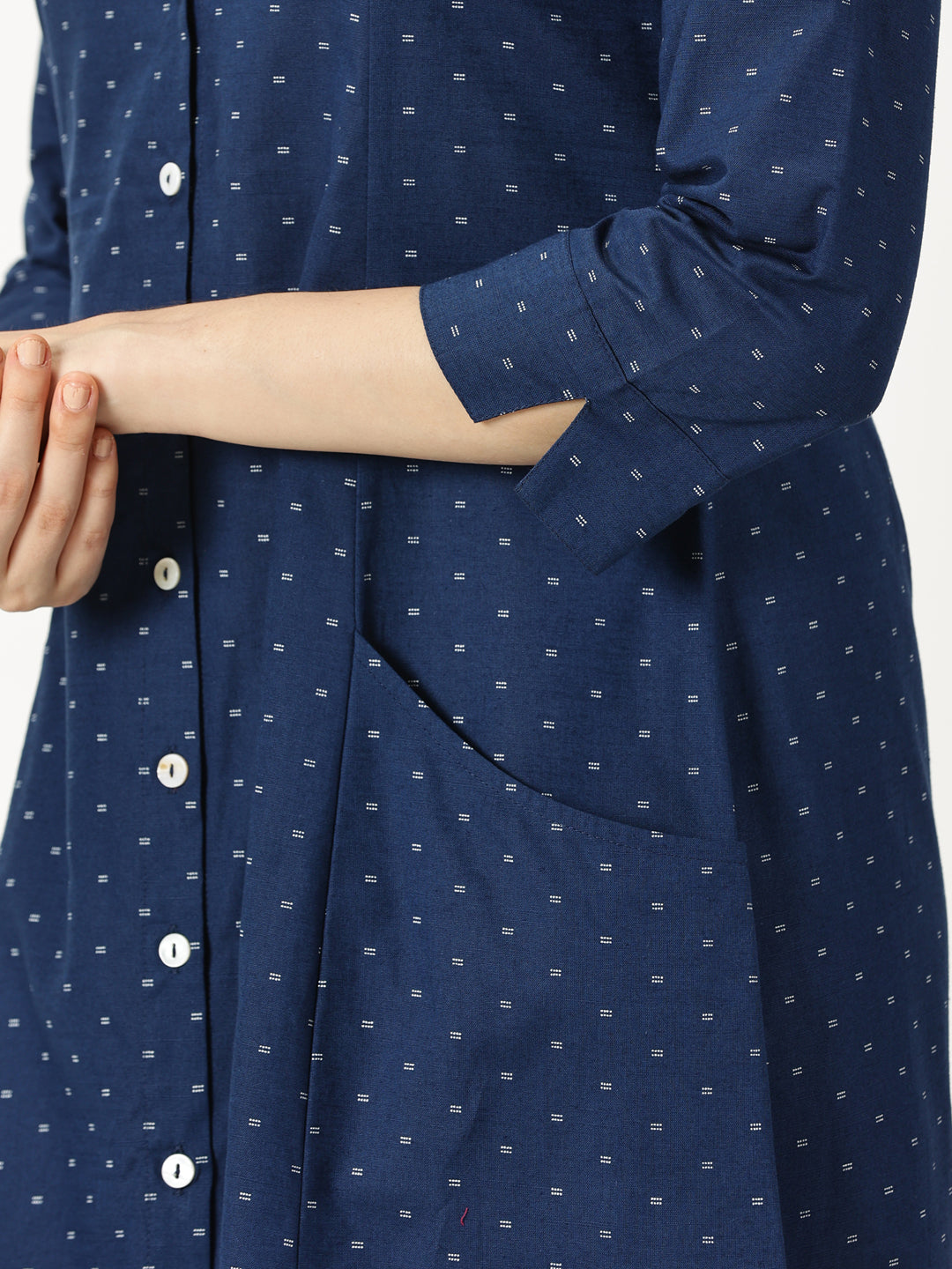 Navy Blue Printed Midi Shirt Dress