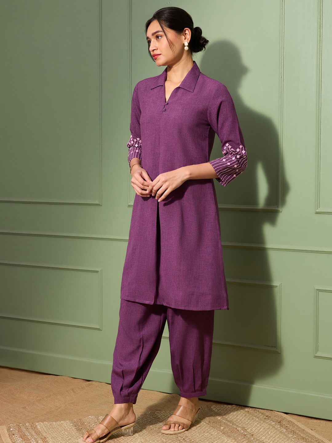 Aubergine Purple  Embroidered Kurta Set with Pleated Pants for Women | Saffron Threads