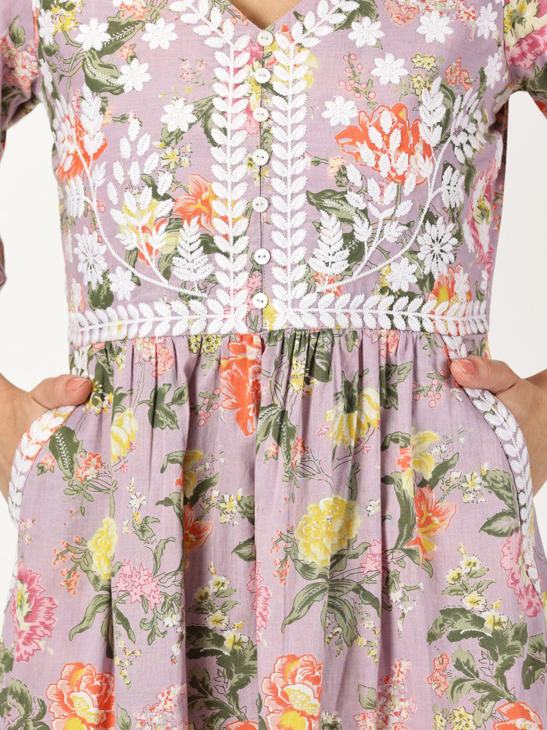 Lilac Floral Print Midi Dress with Chikankari Embroidery
