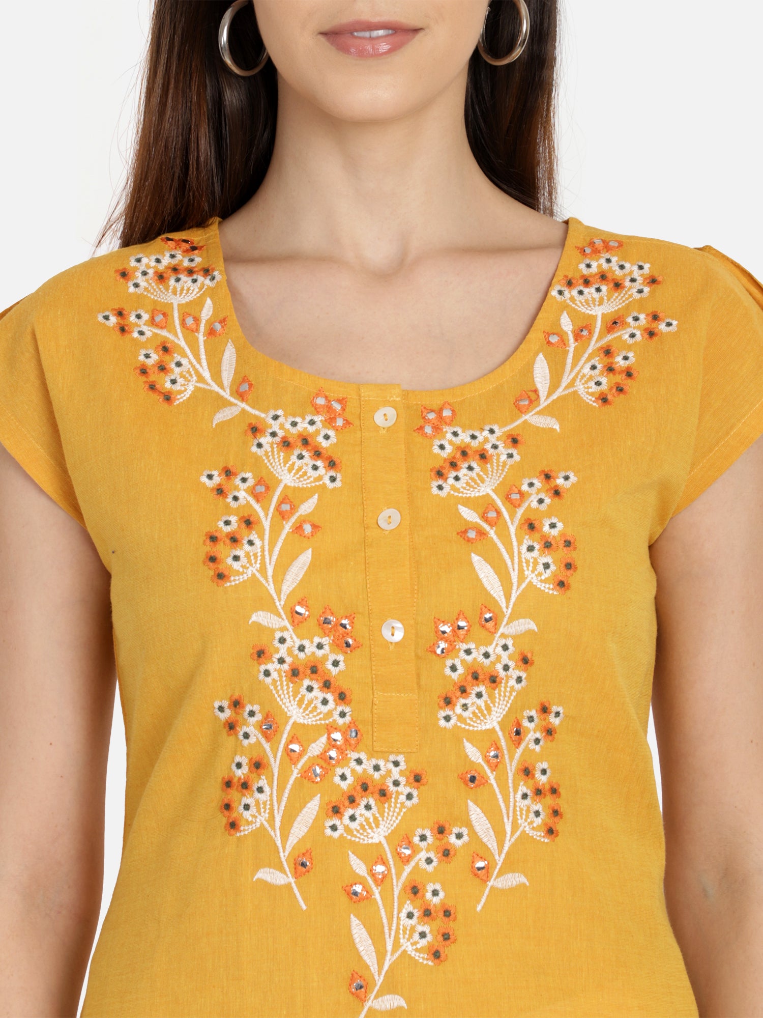 Mustard Cotton Embroidered Neck Kurta