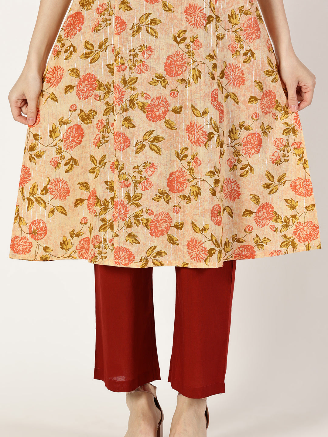 Peach Floral Print Kurta with Yoke Embroidery