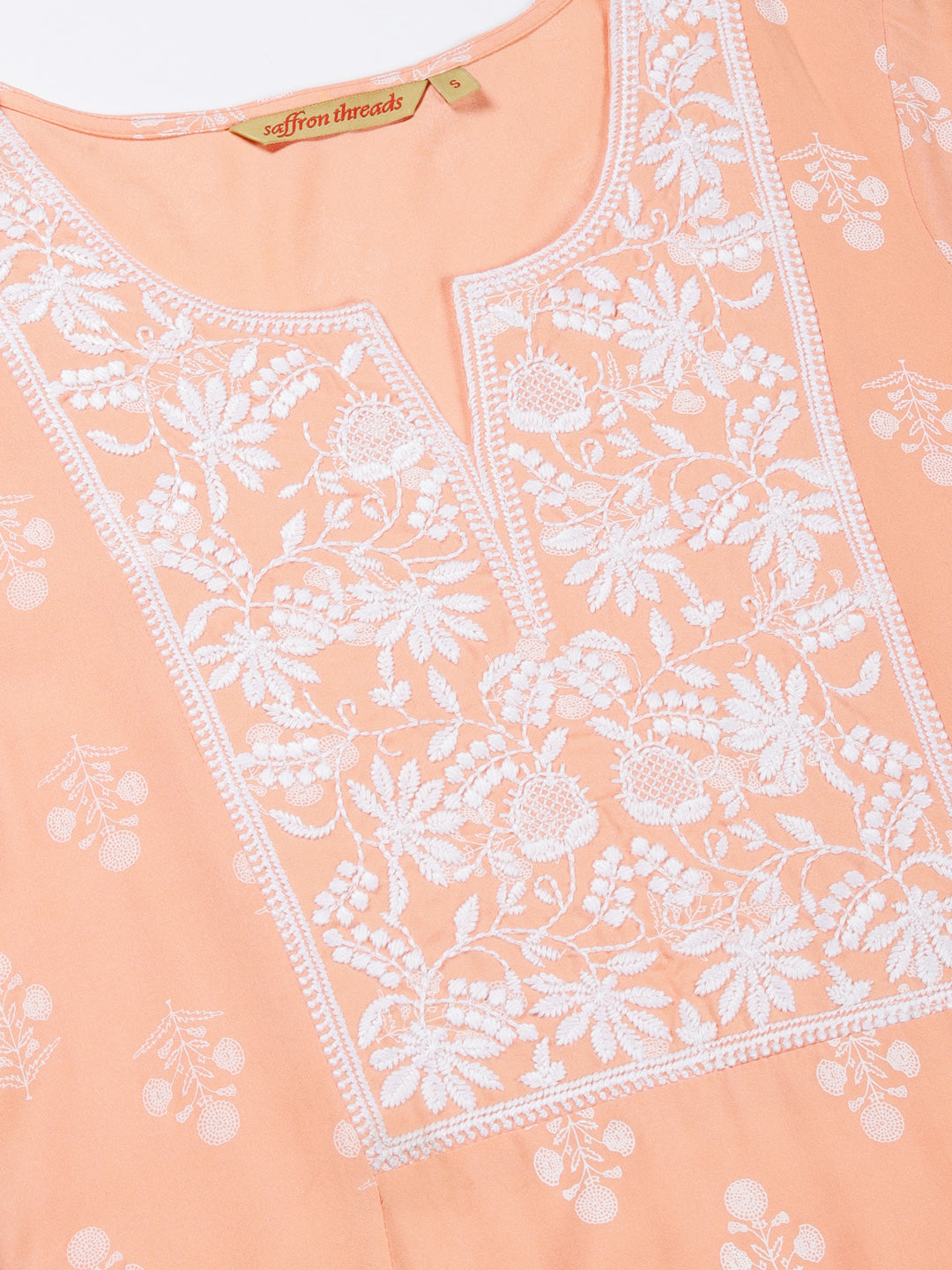 Pastel Peach Floral Print Rayon Kurta with Chikankari Embroidery