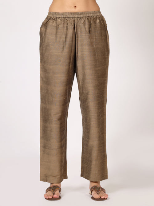 Gold Art Silk Embroidered Kurta Set with Brocade Lace