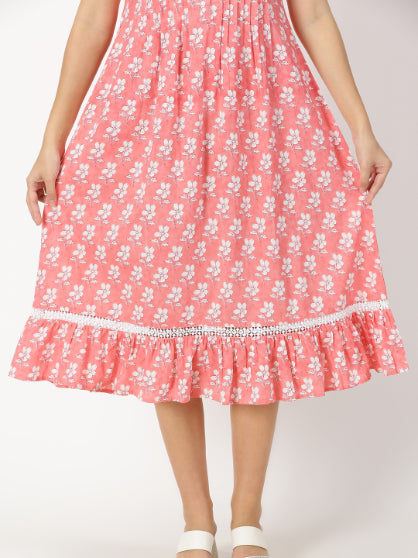 Coral Floral Print Midi Dress with Pintuck Detail