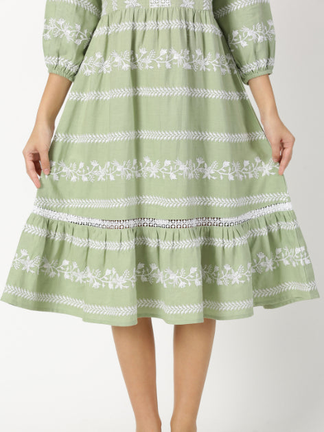 Pastel Green Boho Embroidered Midi Dress