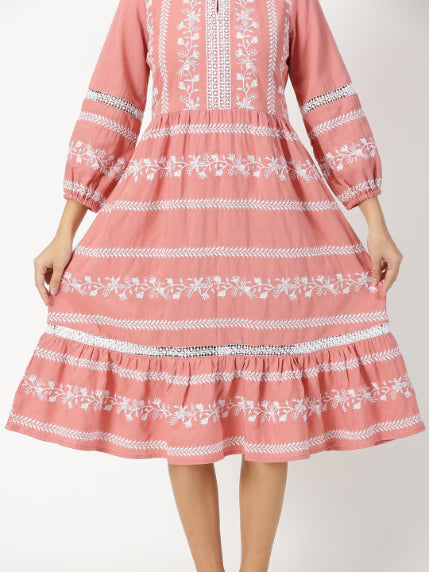 Peach Boho Embroidered Midi Dress