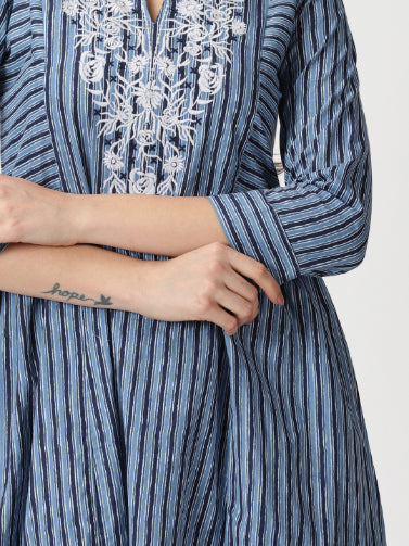 Blue Striped A-line Cotton Kurta with Yoke Embroidery