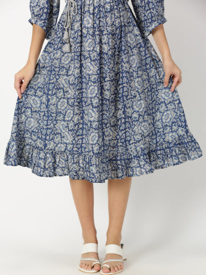 Blue Floral Print Boho Midi Dress with Belt