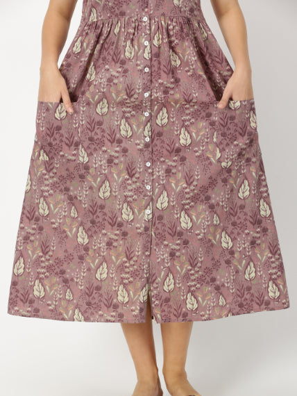 Mauve Leaf Print Strappy Midi Dress