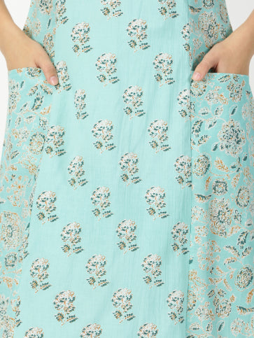 Turquoise Blue Floral Print Panelled Midi Dress