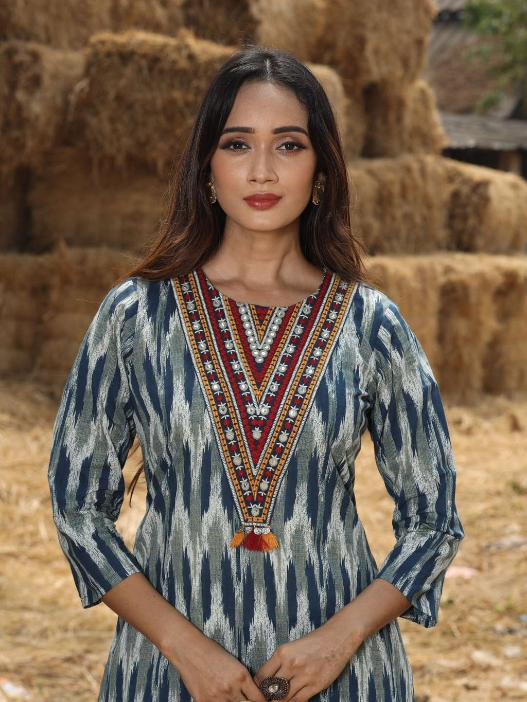 Navy Blue Neck Embroidery Cotton Kurta with Ikat Print