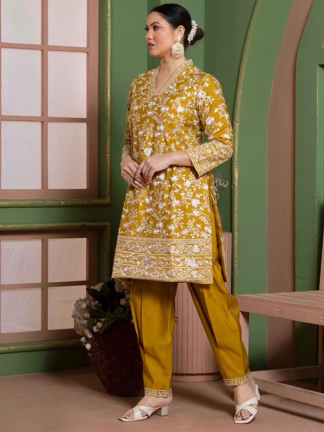 Marigold Yellow Parsi Gara Embroidery Kurta Set