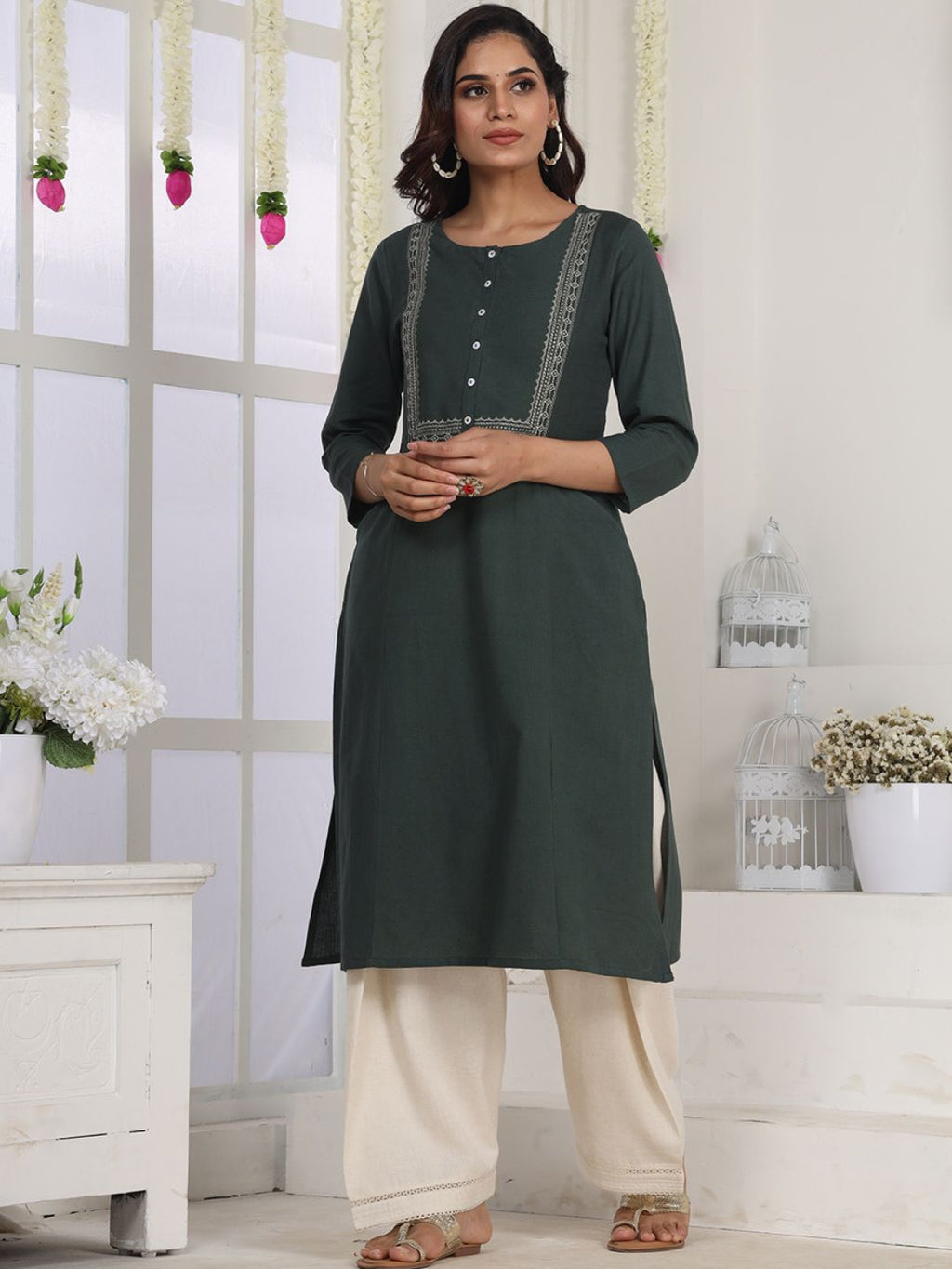 Royal Green Embroidered Straight Fit Kurta