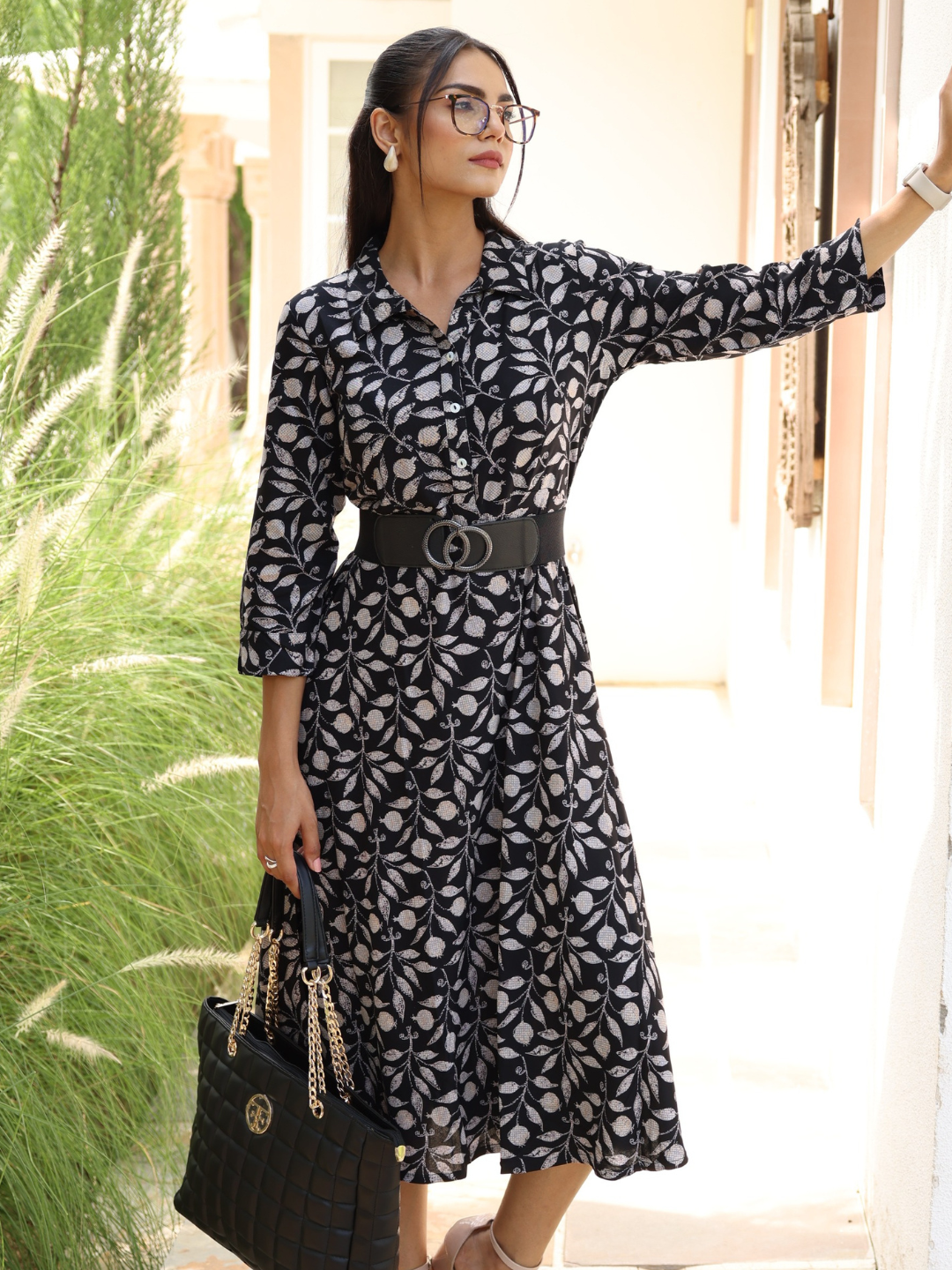 Black Tropical Print Shirt Collar Dress