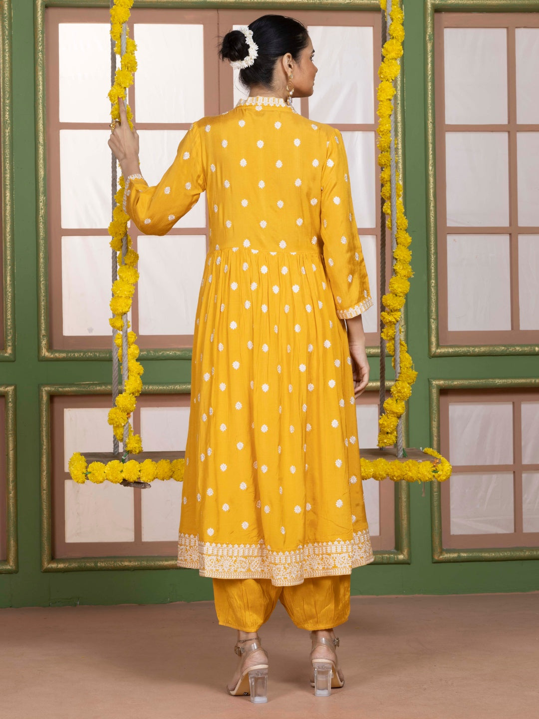 Sunlit Yellow Kashida Embroidered salwar kurta dupatta set