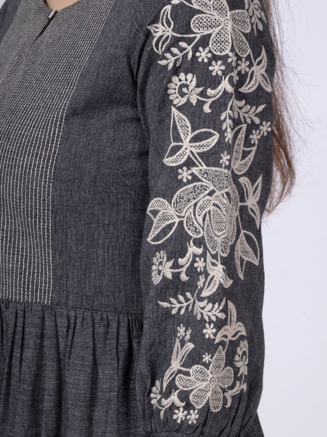 Grey Cotton Tiered Embroidered Dress – Saffron Threads