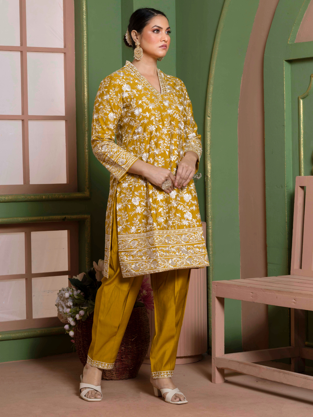 Marigold Yellow Parsi Gara Embroidery Kurta Set
