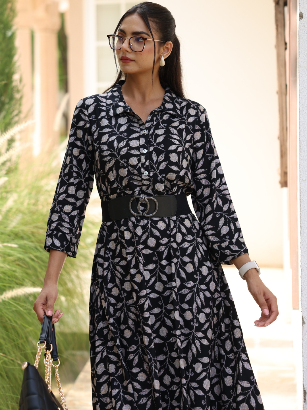 Black Tropical Print Shirt Collar Dress