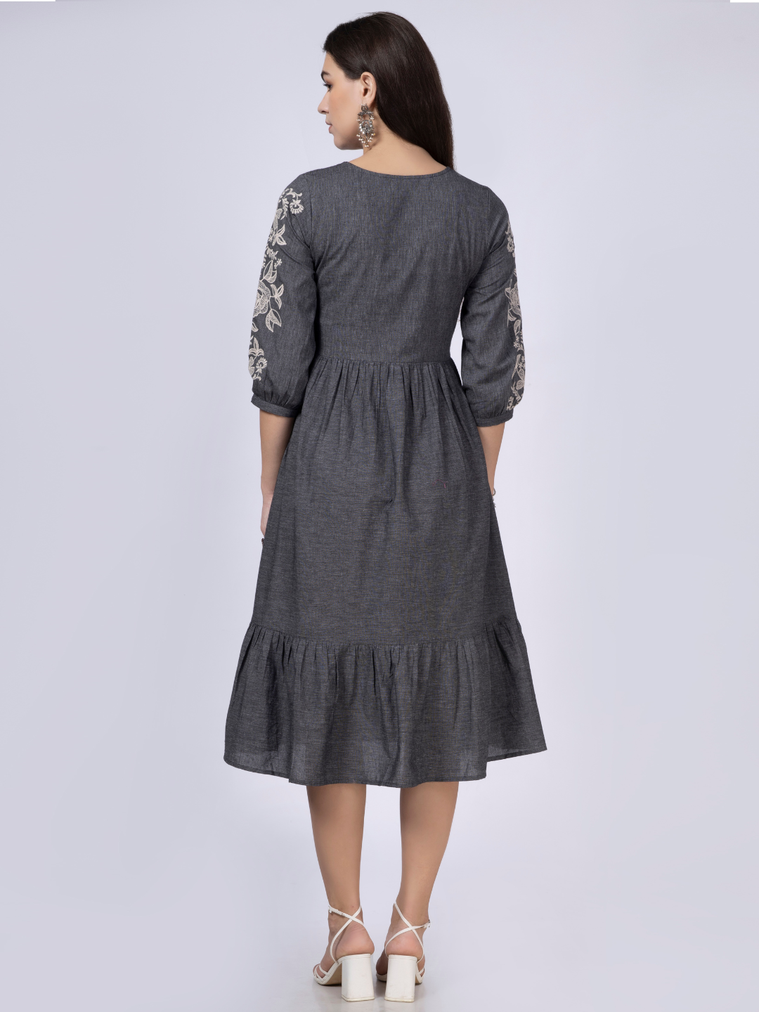 Grey Cotton Tiered Embroidered Dress