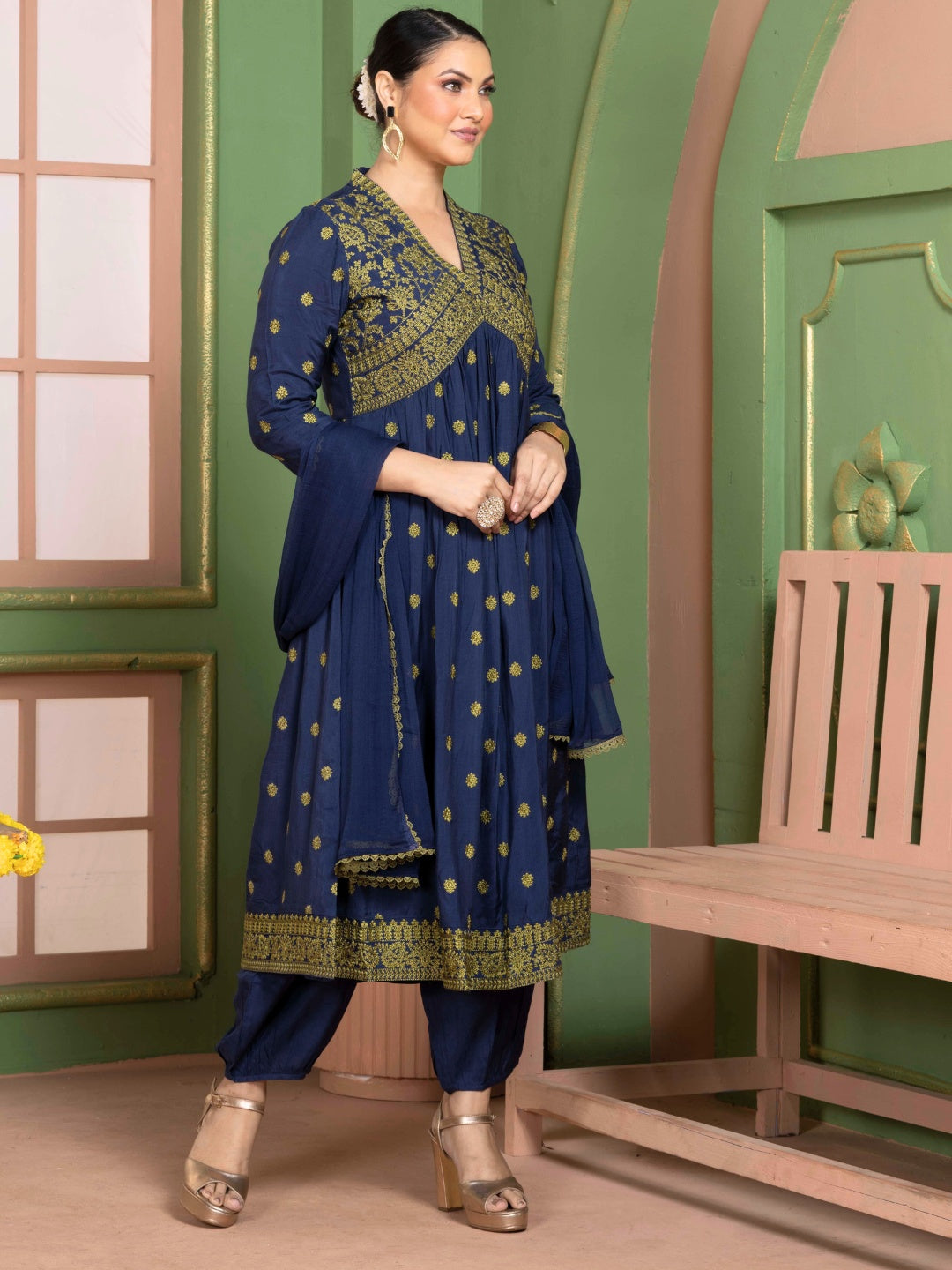 Midnight Blue Kashida Embroidered Salwar Kurta Dupatta Set