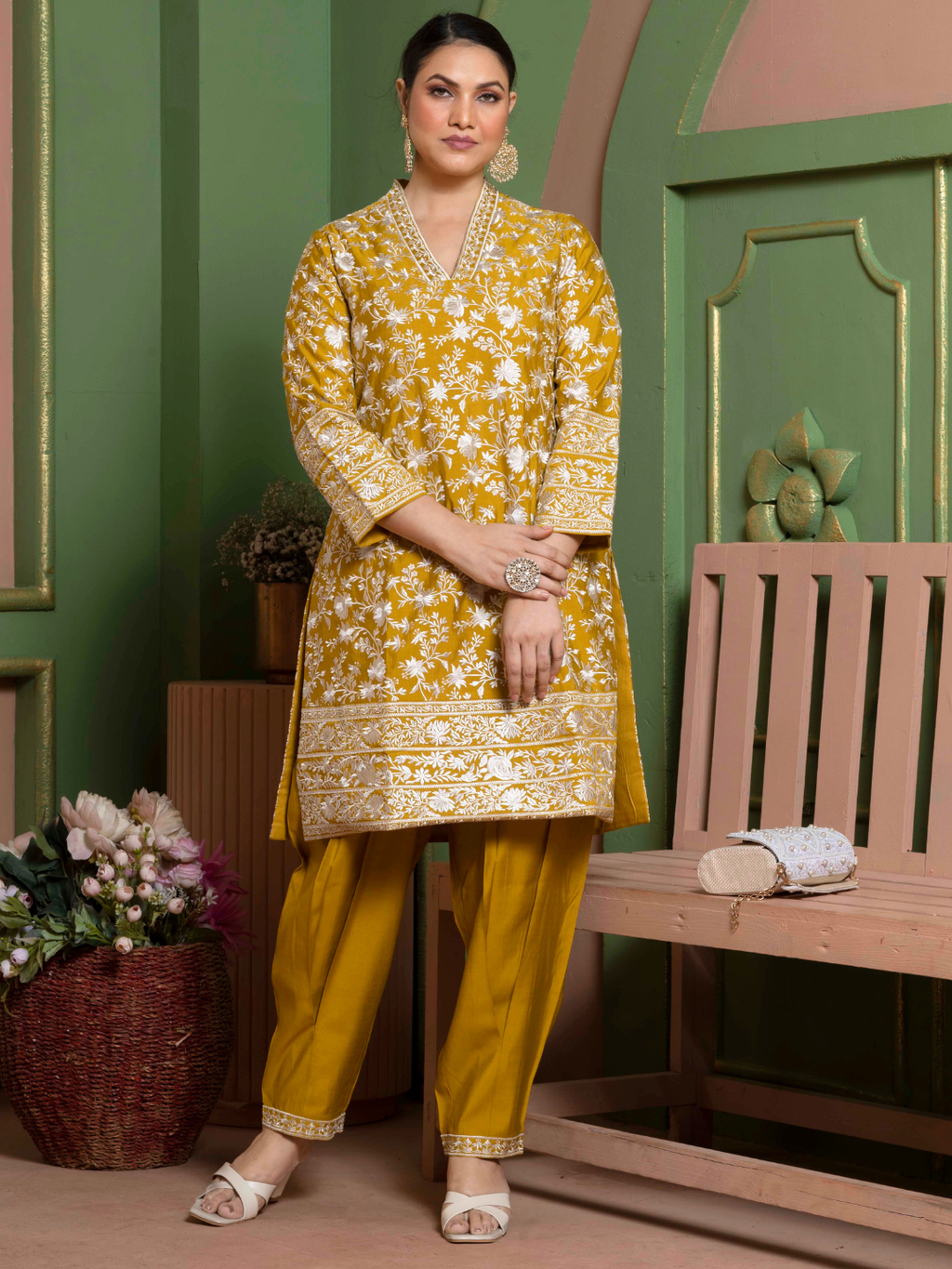 Marigold Yellow Parsi Gara Embroidery Kurta Set
